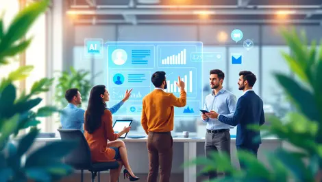 Diverse asia pacific business professionals collaborating digital touch interface customer feedback graphs ai analytics modern office