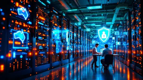 Modern network data center glowing server racks digital security australia