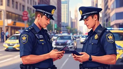 Victoria police officers using mobile app smartphones on patrol urban australian