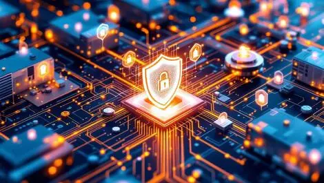 Abstract industrial infrastructure cybersecurity shield circuitry protection