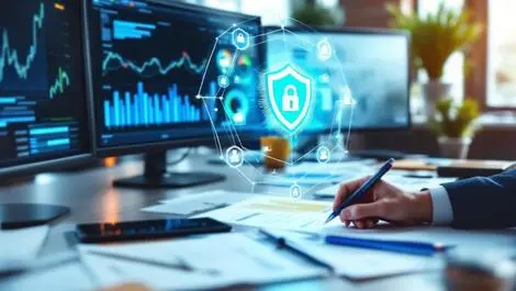 Office auditor workspace dual monitors charts data documents encryption