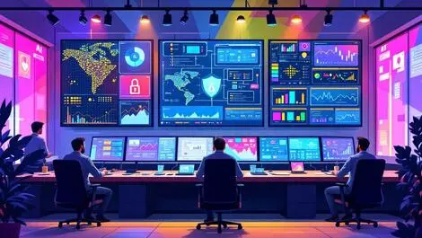 Modern cybersecurity operations center ai automation threat maps teamwork security illustration