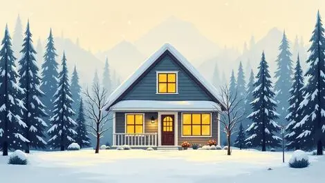 Illustrated new zealand house warm yellow light winter trees snow