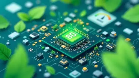 Compact computer chip surrounded by circuit components with green energy background