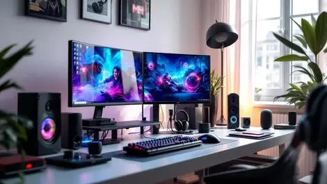 Modern gaming setup high end pc keyboard mouse headphones multi monitor