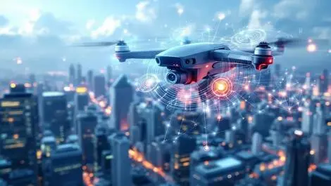 Realistic illustration advanced drone flying cityscape highlighted sensors cameras