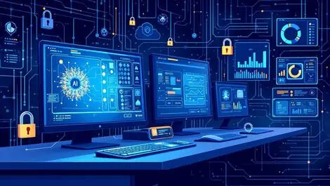 Modern server room ai neural network security dashboards tech monitoring