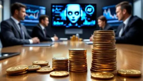 Business conference room executives financial charts digital ai face coins tariffs modern us office