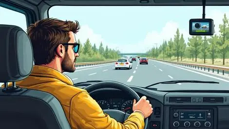 Realistic truck dashboard small camera monitoring male european driver