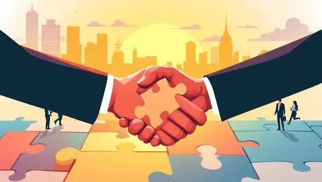 Businesspeople handshake jigsaw puzzle collaboration merger talent recruitment city