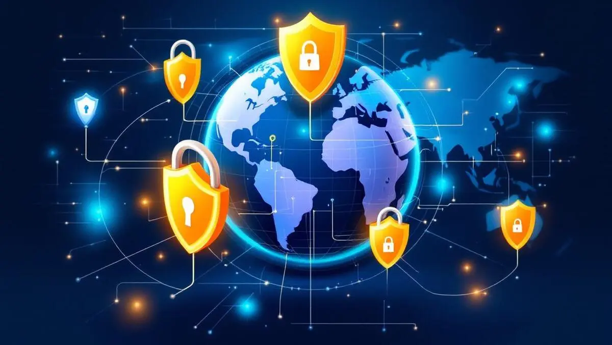 Global cyber defense digital shields security padlocks network connections