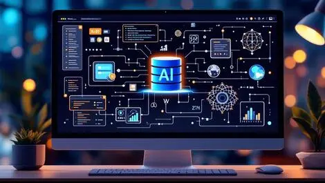 Computer monitor database icons ai elements code digital symbols tech workspace