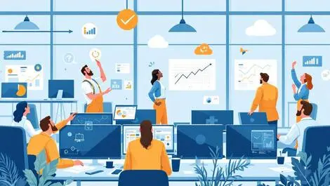 Uk government workers in office with digital charts clouds helping and confusion