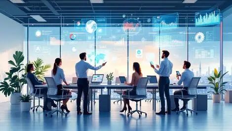 Business professionals modern italian office holographic data xr tech collaboration energy public sectors