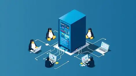 Computer server surrounded by laptops connected cables collaborative software linux