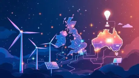 Wind turbines solar panels digital data streams uk us australia renewable energy