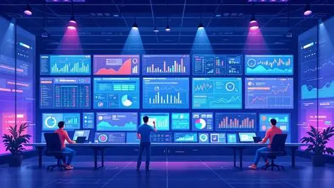 Modern it operations center display screens graphs analytics engineers collaborating