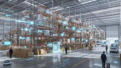 Modern warehouse robots autonomous vehicles solar panels sustainability tech