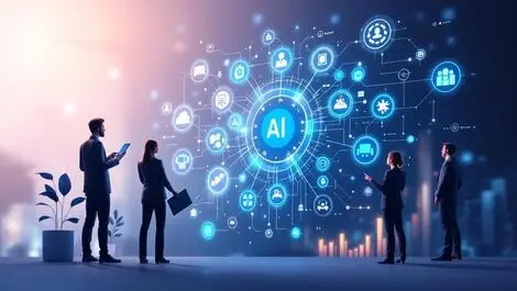Business professionals collaborating ai icons automation software innovation
