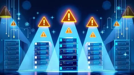 Detailed illustration computer server room digital warning alerts cybersecurity risks