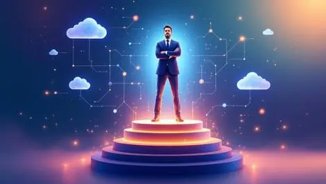 Confident business leader glowing podium abstract cloud connections leadership