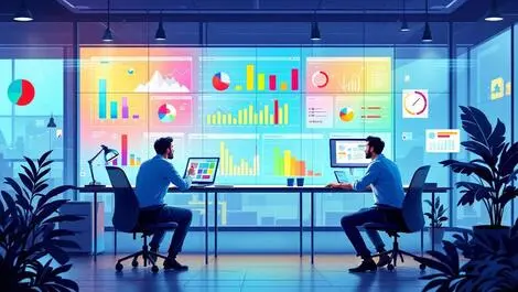 Modern office it professionals analyzing colorful digital dashboard