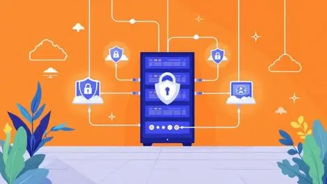 Secure server room with shield lock icons network cables australian motifs