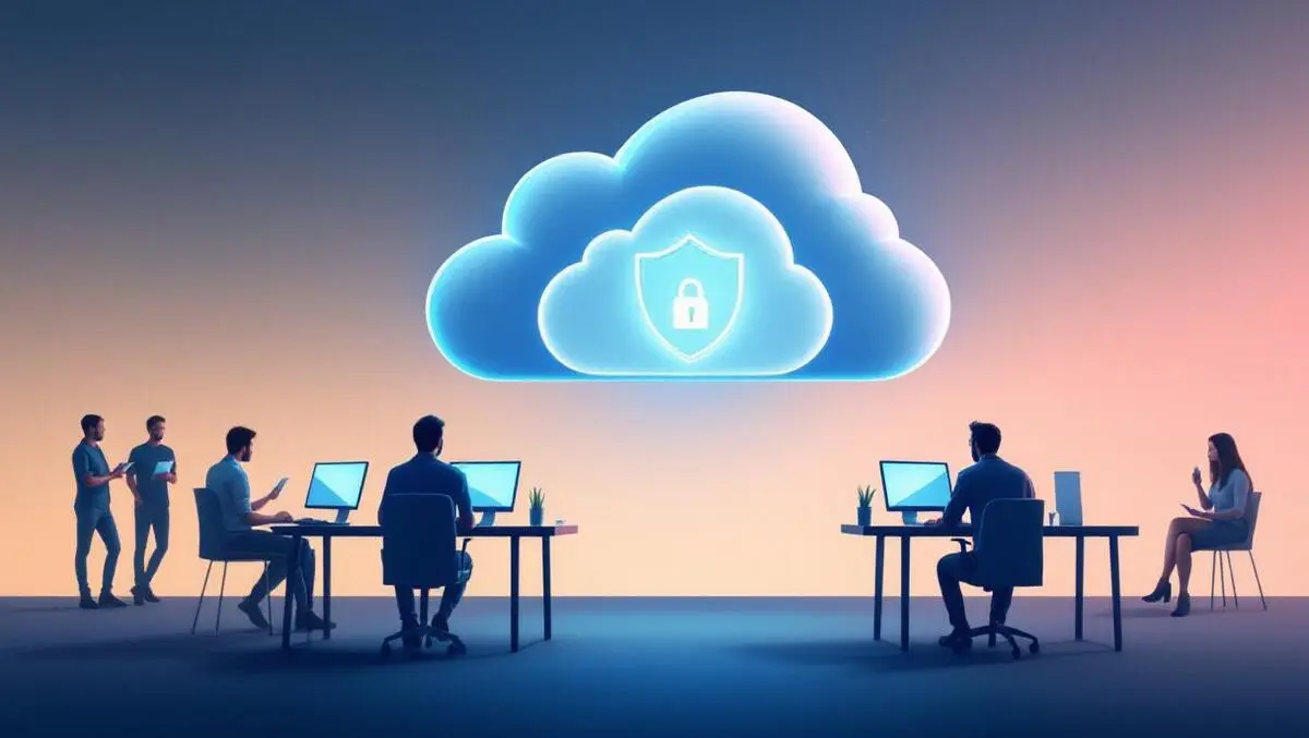Cloud shaped shield protecting developers at desks secure software development