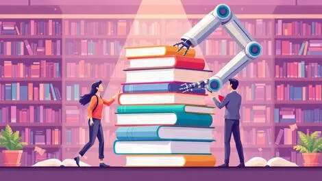 Author protecting books from robotic arm in australian library illustration