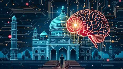 Traditional indian monument digital circuit brain ai technology india advancement