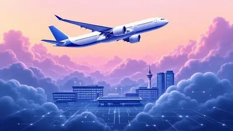 Large passenger jet soaring above digital clouds network lines modern airport it tech