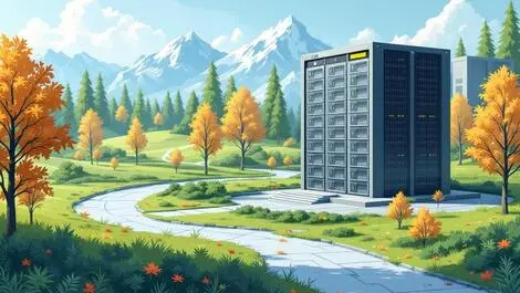 Realistic secure data center building canadian landscape maple trees cybersecurity