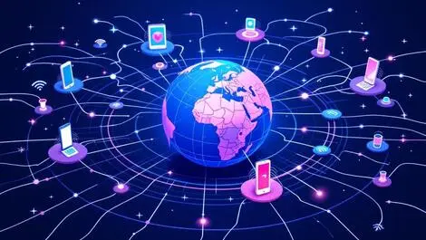Global telecommunications globe phone lines connected countries signal waves