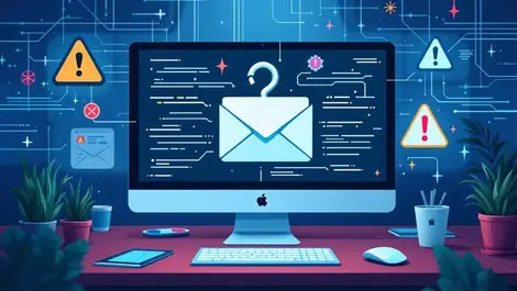 Computer screen suspicious email hook digital data streams warning symbols australian office cybersecurity