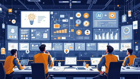 Puzzled workers in industrial control room with ai machine learning icons