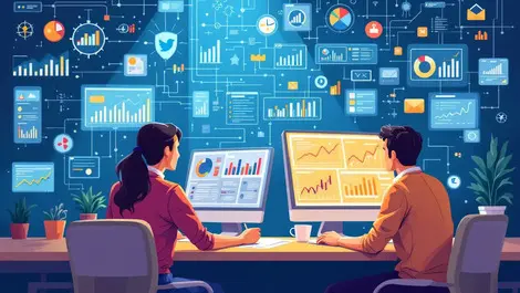 Australian marketers analyzing data ai charts graphs modern office