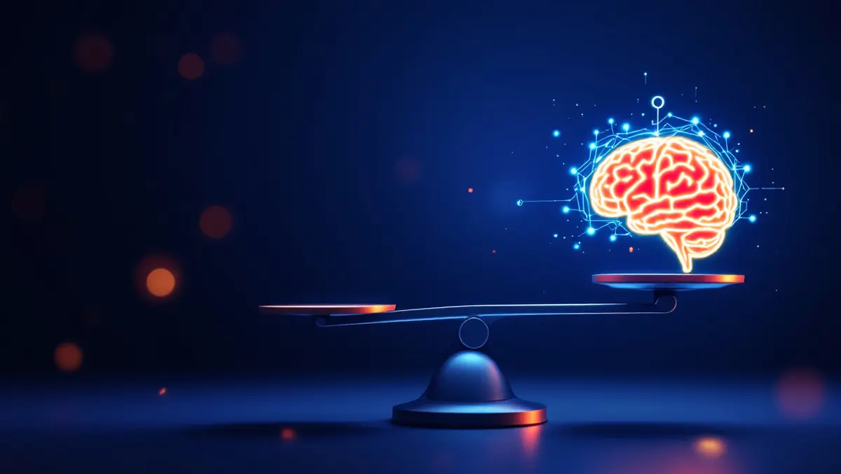 Digital scale balancing secure contract and glowing ai brain harmony