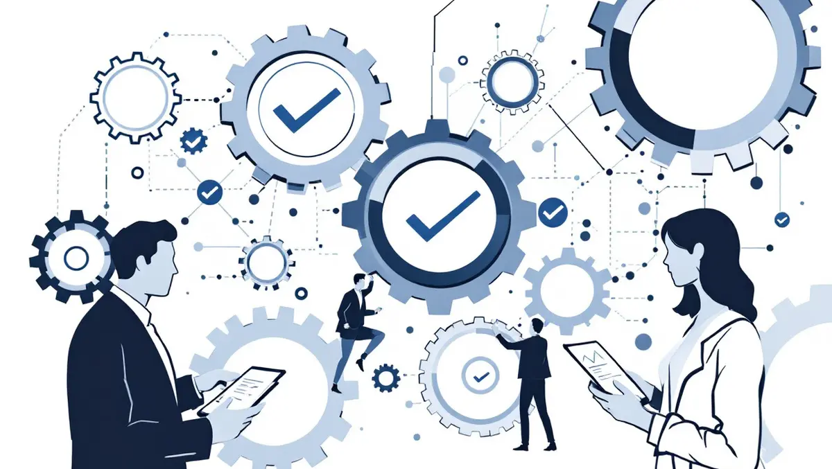 Modern illustration interconnected gears checkmarks automated risk management vendor auditing businesspeople reviewing data