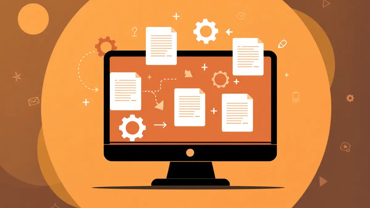 Computer screen processing documents with automation gears arrows and network icons
