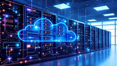 Modern european office server room cloud servers efficiency digital circuit illustration