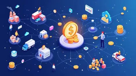 Interconnected supply chain financial workforce factories trucks coins charts office workers data integration