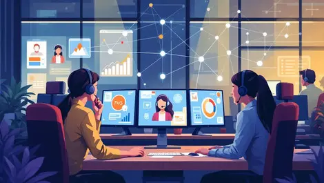 Australian contact centre office agents headsets computer screens data flow teamwork