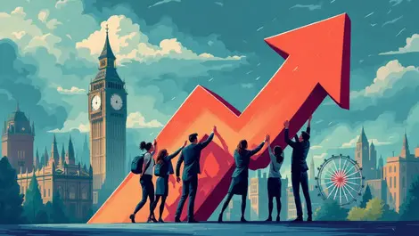 British businesspeople lifting upward arrow resilience growth uk architecture stormy clouds