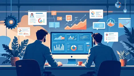 Professionals collaborating computer analytics graphs technology workflow automation modern office