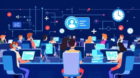 Illustration busy call center people headsets computers digital elements speed efficiency