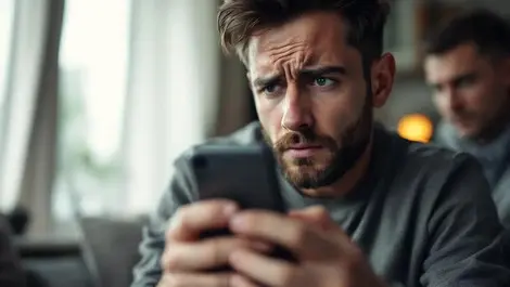 Worried person holding smartphone shadowy figure online scams social engineering european indoor