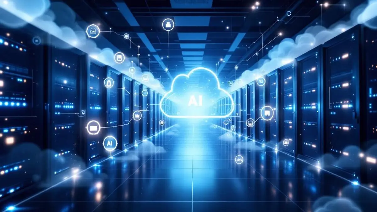 Modern data center servers glowing cloud ai icons interconnecting infrastructure
