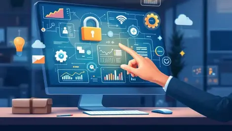 Computer workstation digital dashboards hand interacting security automation cloud icons modern office