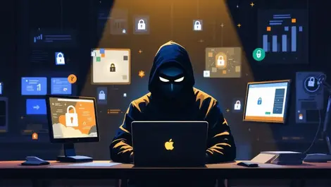 Masked hacker at computer dark room lock icons crypto symbols cybercrime