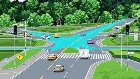 Realistic new zealand road intersection with traffic cameras and cars
